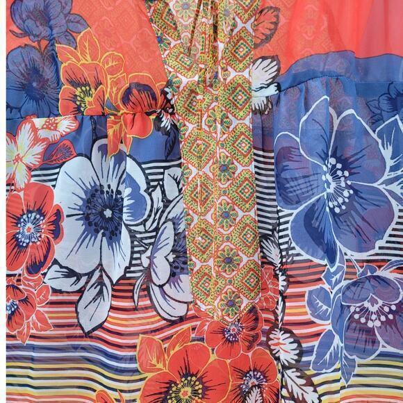 HPAnthropologie Floral Stripe Sheer Long Sleeve Henley Tie Front Blouse - Picture 7 of 13